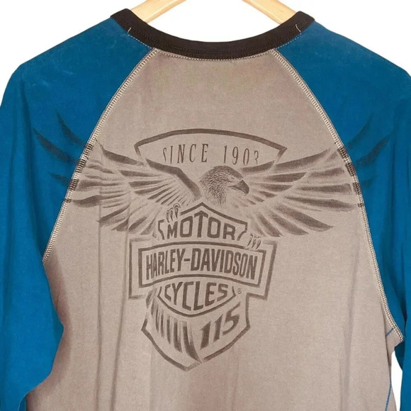 Vintage Motor Harley-Davidson Blue, Gray, & Black Cycles Clothes LS Shirt - Picture 11 of 13